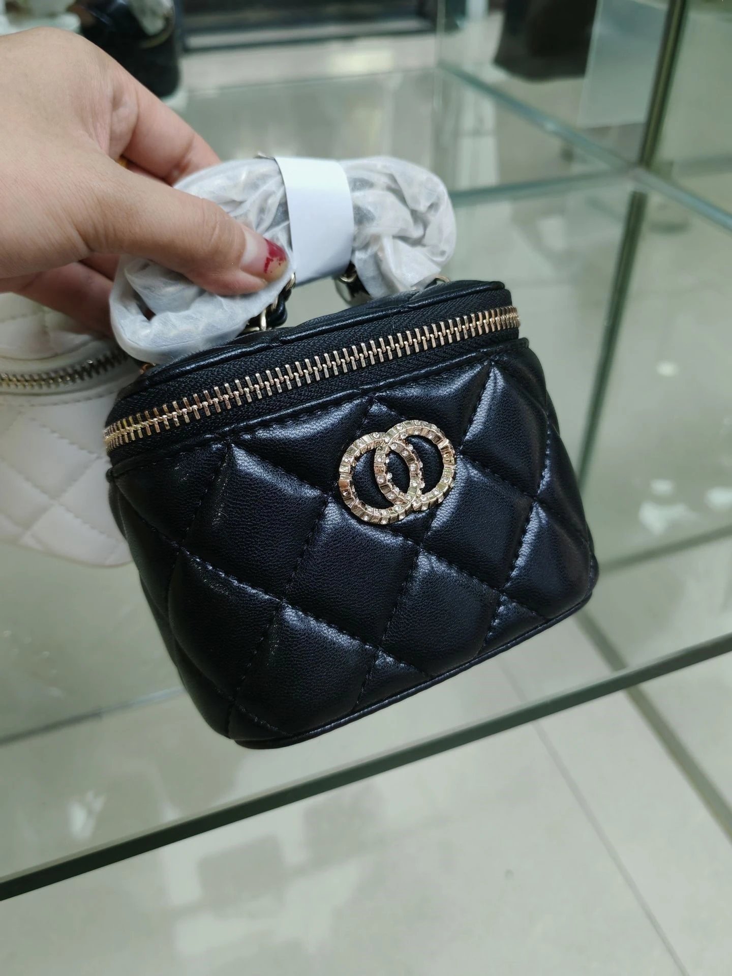 Chanel Mini Coco Handle Bag Black Quilted Leather with Crystal CC Logo Handbag - 1