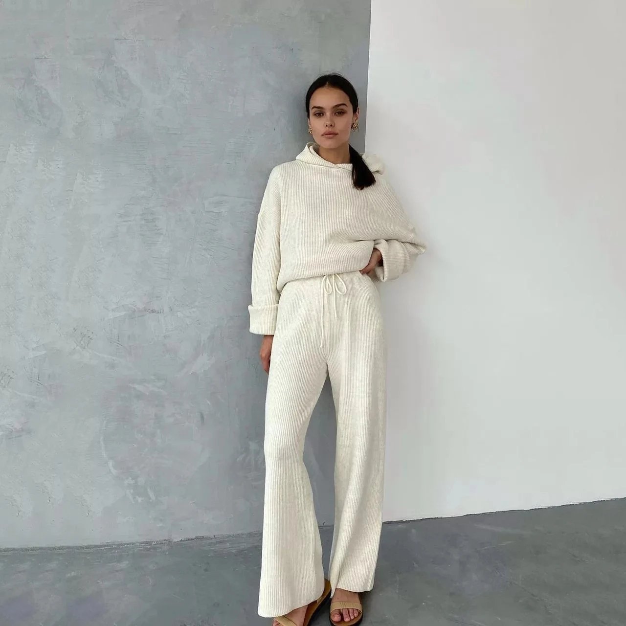 Design Ribbed Cropped Hoodie and Drawstring Pants Set Beige - 16