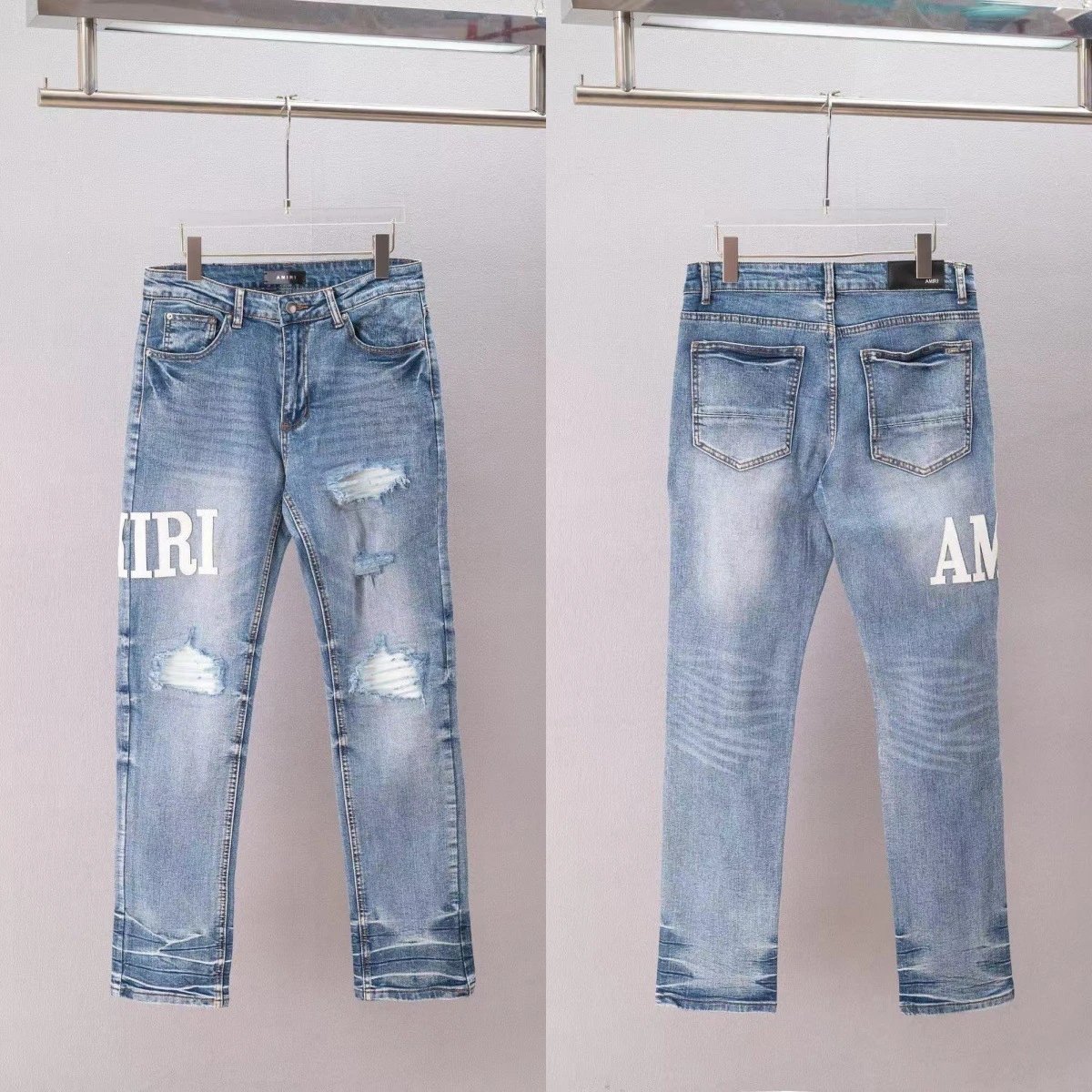 Amiri Distressed Logo Jeans Light Wash Blue - 3