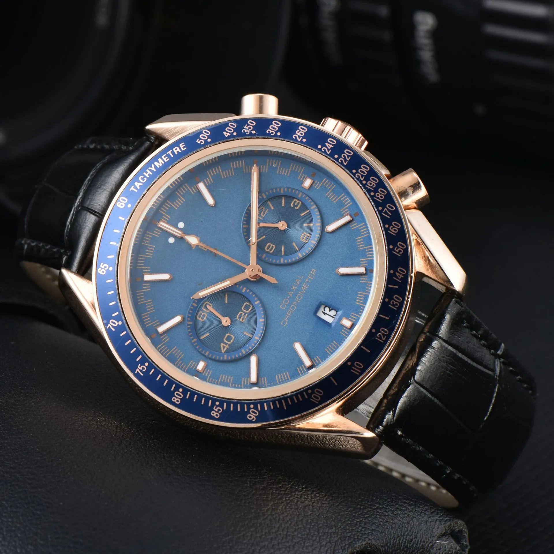 Design Chronograph Tachymetre Black Dial Rose Gold Case Leather Strap Watch Watches - 6