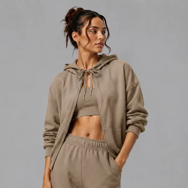 Alo Yoga Cropped Hoodie and Joggers Set in Taupe - 1