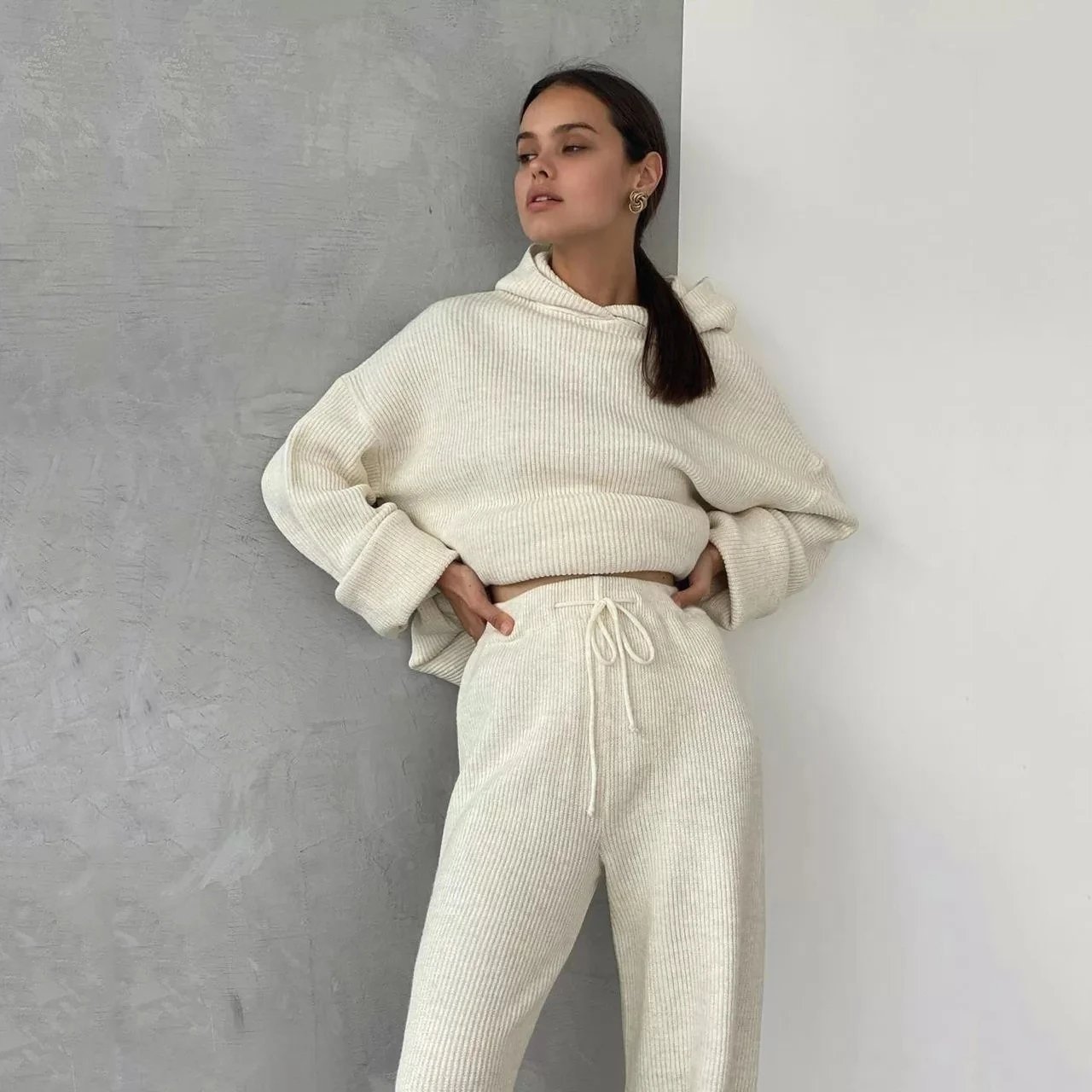 Design Ribbed Cropped Hoodie and Drawstring Pants Set Beige - 14