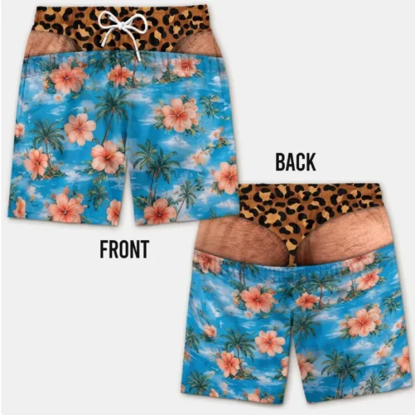 Design Tropical Print Swim Trunks with Leopard Waistband Swimwear - 1