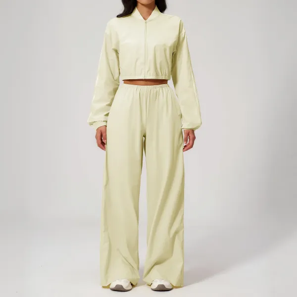 Design Cropped Zip-Up Jacket and Wide-Leg Pants Set in Pale Lime - 1