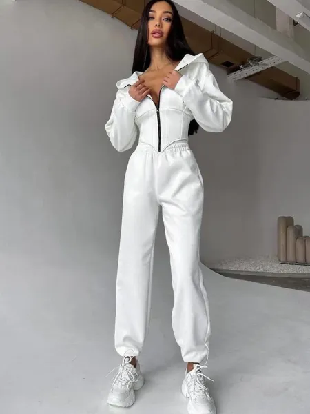 Design Pink Zip-Front Hooded Jumpsuit Sets - 4