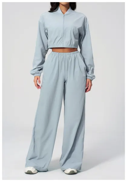 Design Cropped Zip-Up Jacket and Wide-Leg Pants Set in Pale Lime - 26
