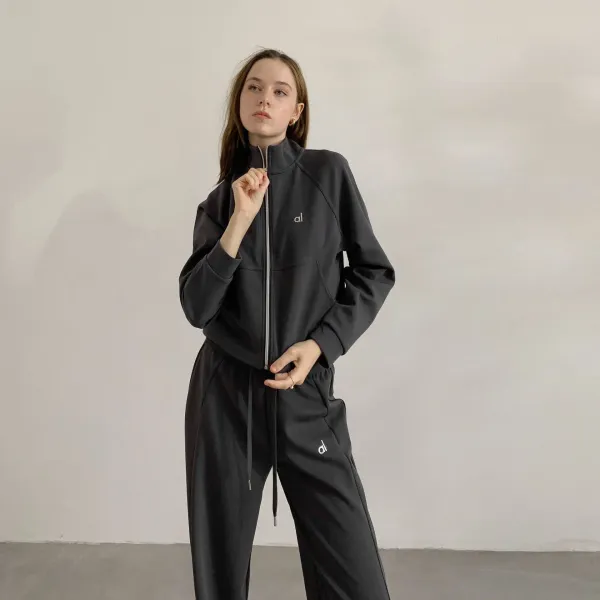 Alo Cropped Zip-Up Jacket and Sweatpants Set Black Tracksuit - 5