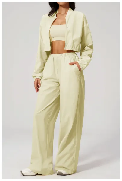Design Cropped Zip-Up Jacket and Wide-Leg Pants Set in Pale Lime - 34