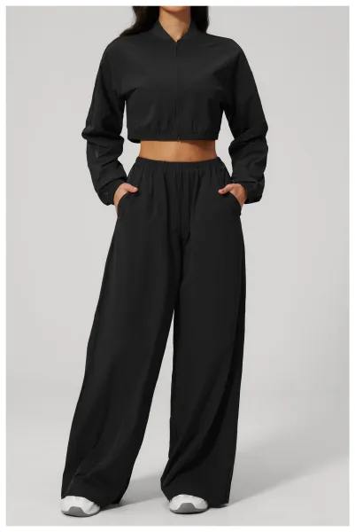 Design Cropped Zip-Up Jacket and Wide-Leg Pants Set in Pale Lime - 41