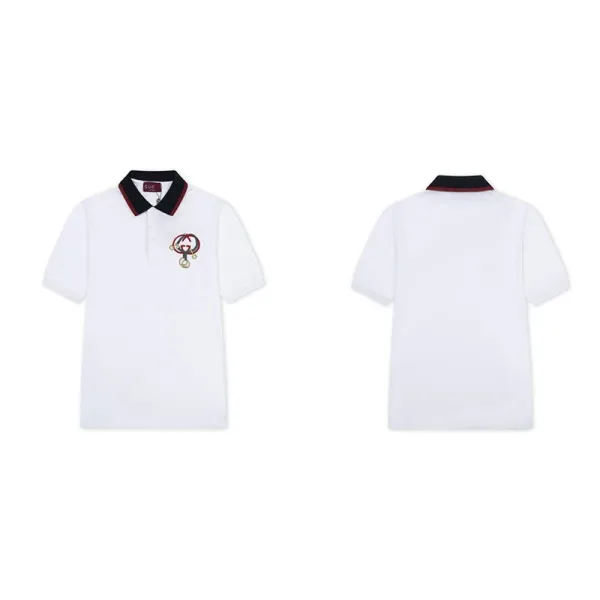 Gucci Kids Polo Shirt White with Web Collar and Embroidered Character - 1