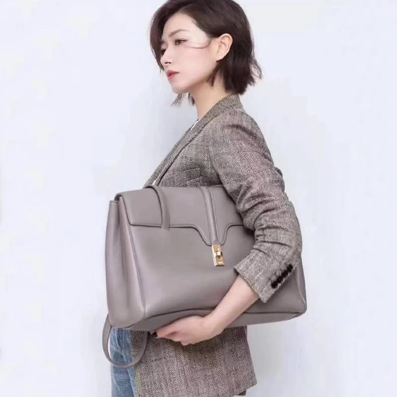 Celine Triomphe Medium Gray Leather Shoulder Bag