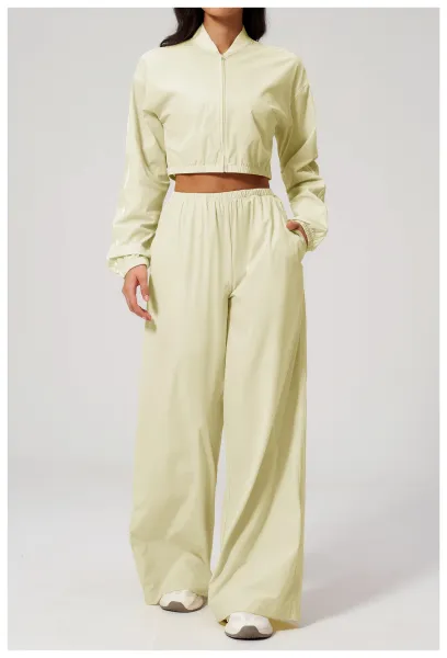 Design Cropped Zip-Up Jacket and Wide-Leg Pants Set in Pale Lime - 30