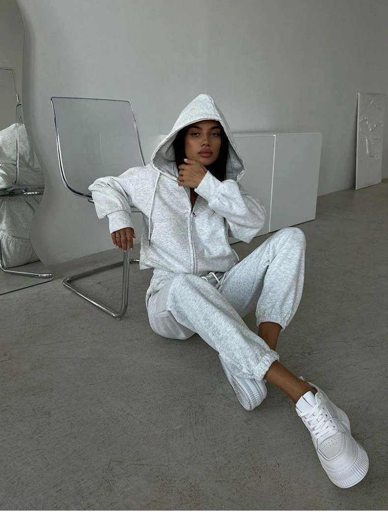 Design Zip-Up Hoodie and Sweatpants Set Gray - 22