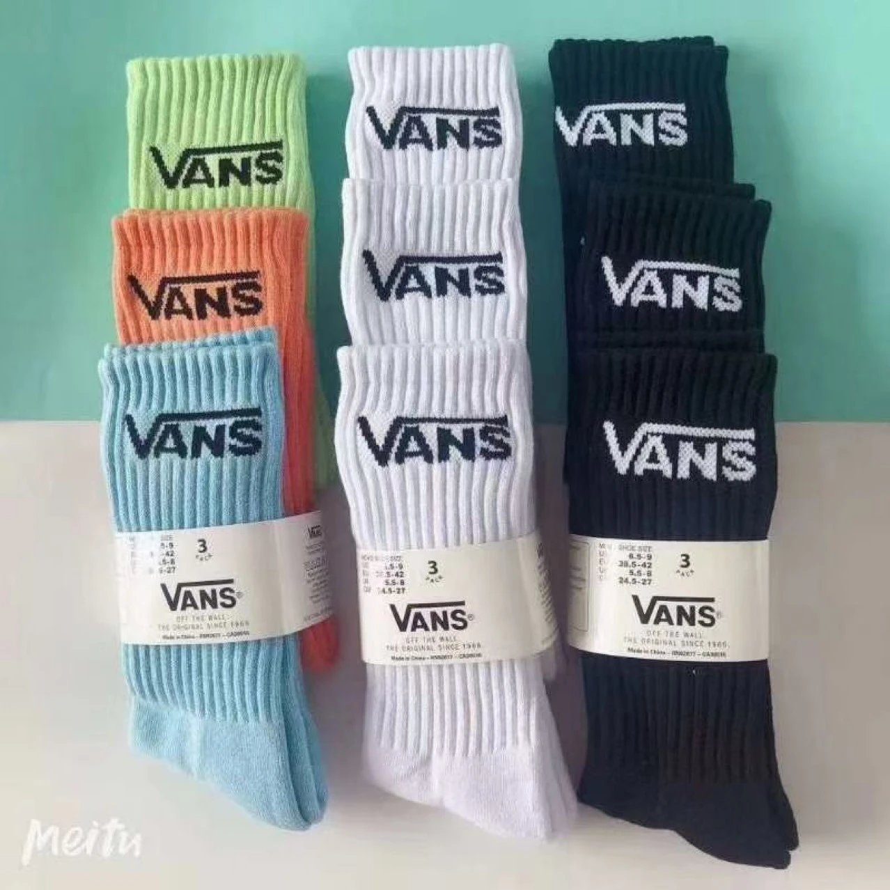 Vans Classic Logo Crew Socks in Pastel Blue, Orange, and Lime Green - 2