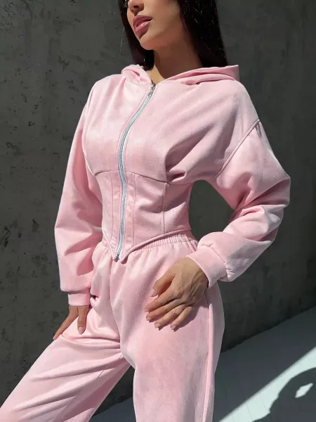 Design Pink Zip-Front Hooded Jumpsuit Sets - 15