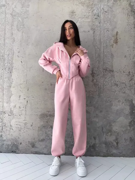 Design Pink Zip-Front Hooded Jumpsuit Sets - 19