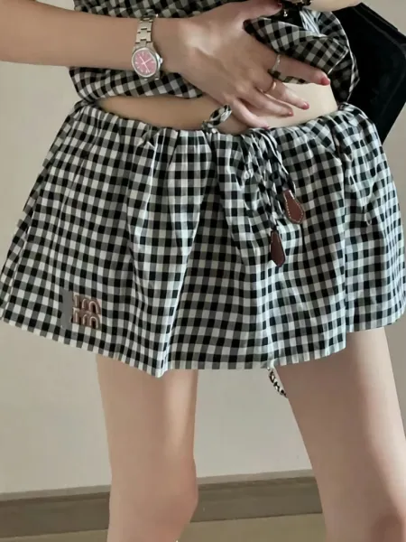 MCM Gingham Drawstring Waist Skirt Black and White - 1