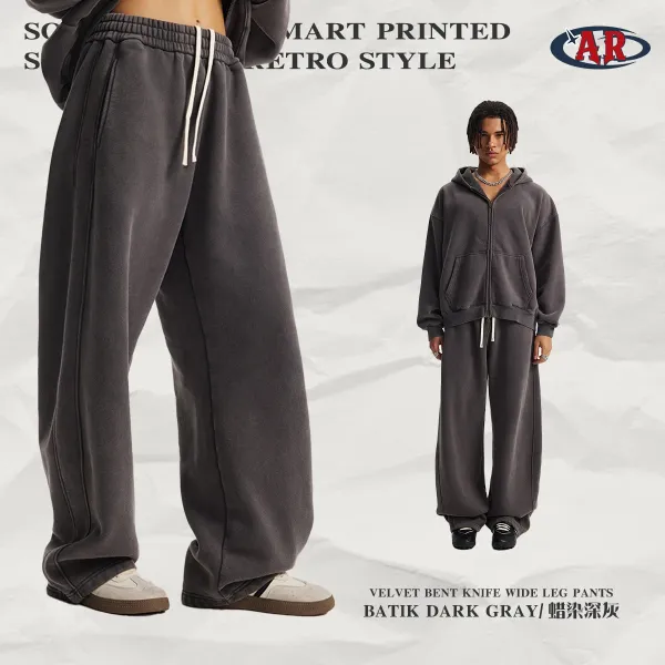 Design AR Velvet Bent Knife Wide Leg Pants Batik Dark Gray Sweatpants - 1
