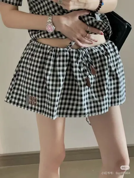 MCM Gingham Drawstring Waist Skirt Black and White - 7