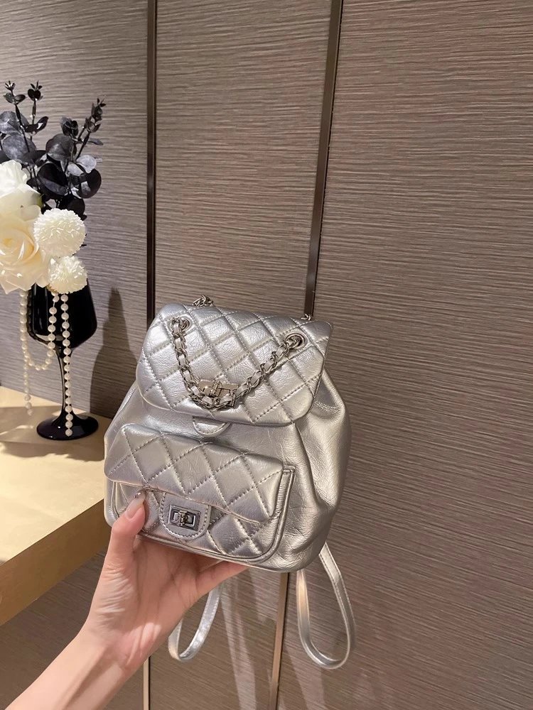 Chanel Mini Backpack Silver Quilted Lambskin with Chain Strap - 10