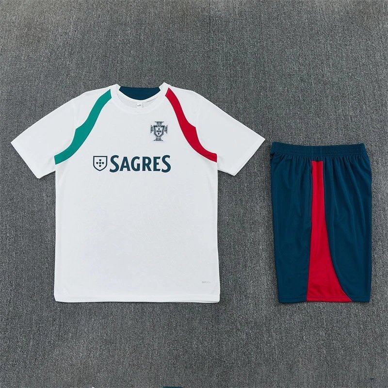 Portugal National Team Training Kit White with Green and Red Accents Jersey and Shorts Sets