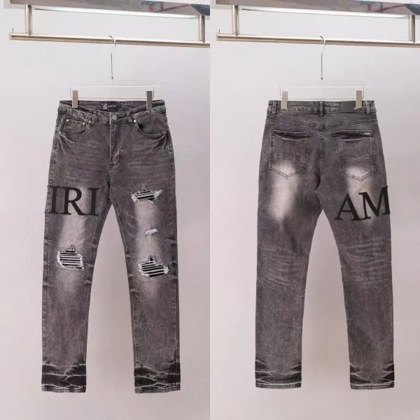 Amiri Distressed Logo Print Slim Fit Jeans Gray - 1