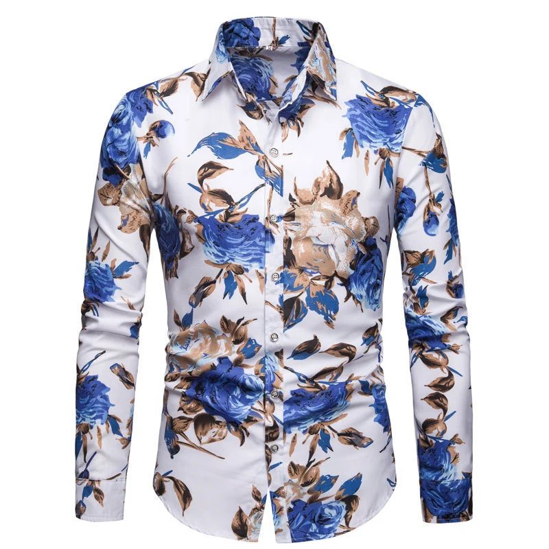 Design Floral Print Long Sleeve Button-Up Shirt White Blue Brown