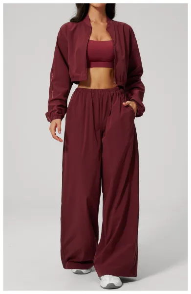 Design Cropped Zip-Up Jacket and Wide-Leg Pants Set in Pale Lime - 37