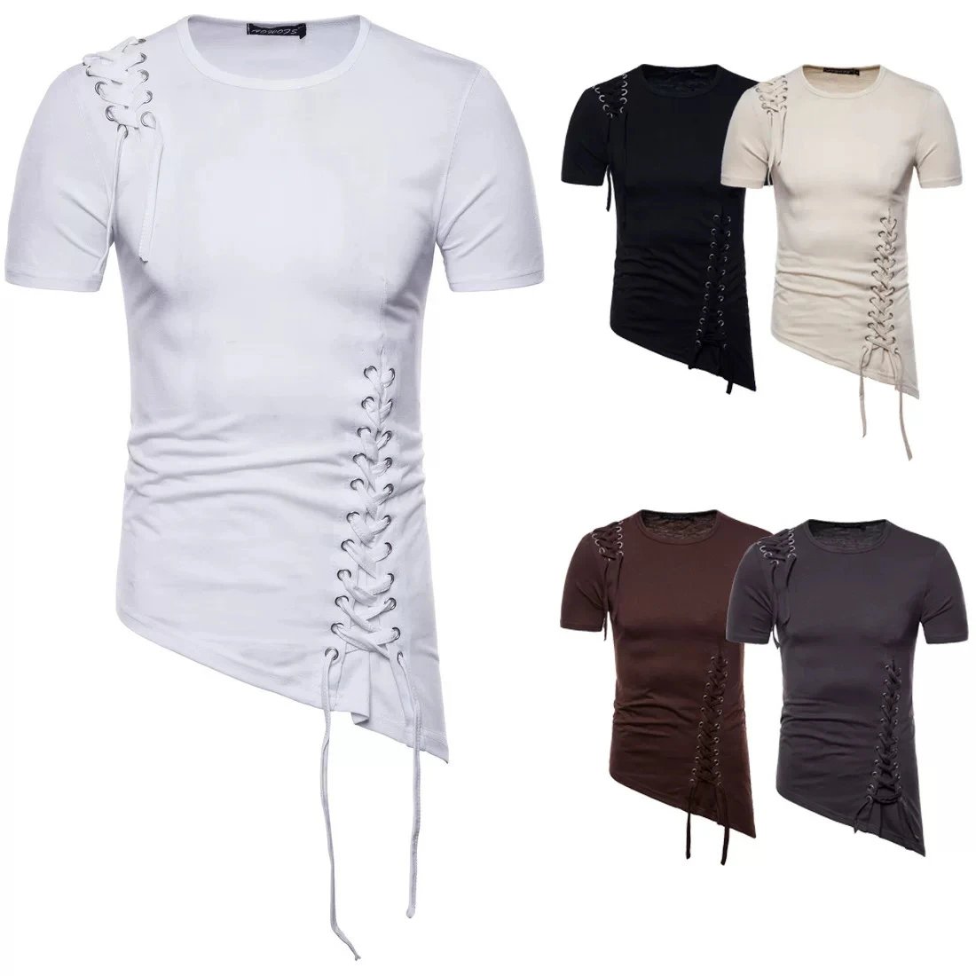 Design Lace-Up Asymmetrical Brown T-Shirt Tops.t Shirts - 3