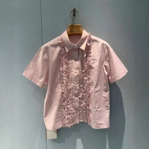 Design Ruffled Front Short Sleeve Shirt Pink - 7