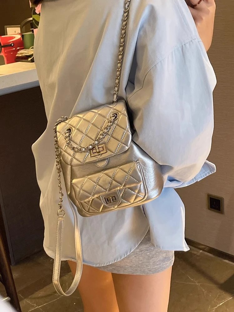 Chanel Mini Backpack Silver Quilted Lambskin with Chain Strap - 14