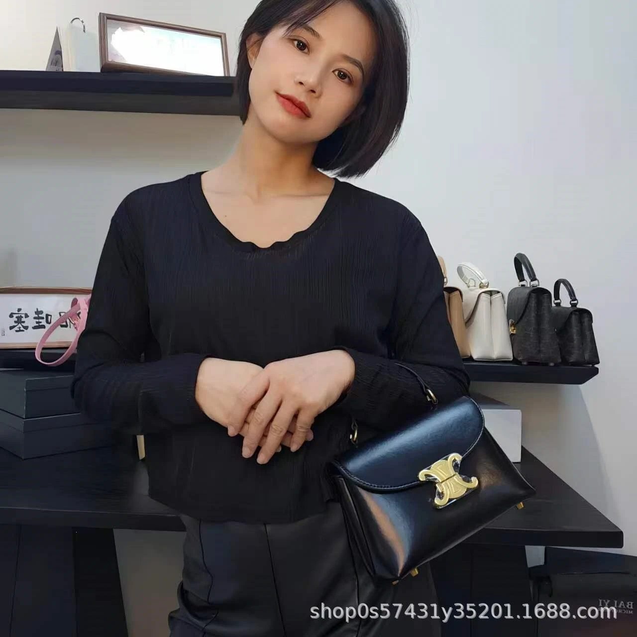 Celine Triomphe Mini Bag Burgundy Leather Handbag - 24