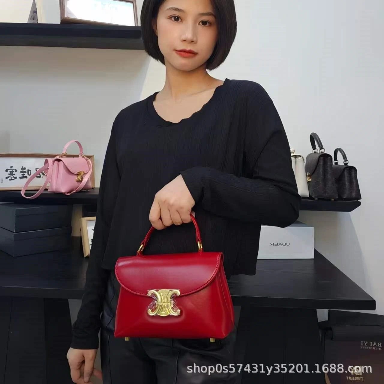 Celine Triomphe Mini Bag Burgundy Leather Handbag - 25
