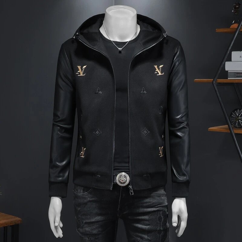 Design Hooded Leather-Trim Jacket Black Gold Embroidery Outerwear