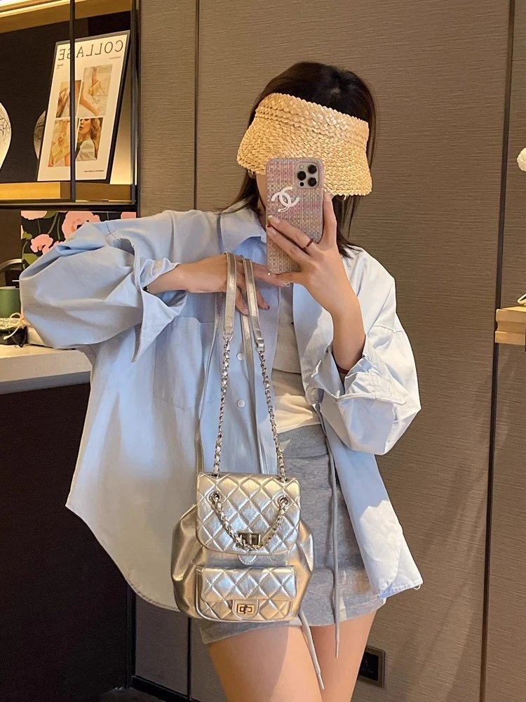 Chanel Mini Backpack Silver Quilted Lambskin with Chain Strap - 13