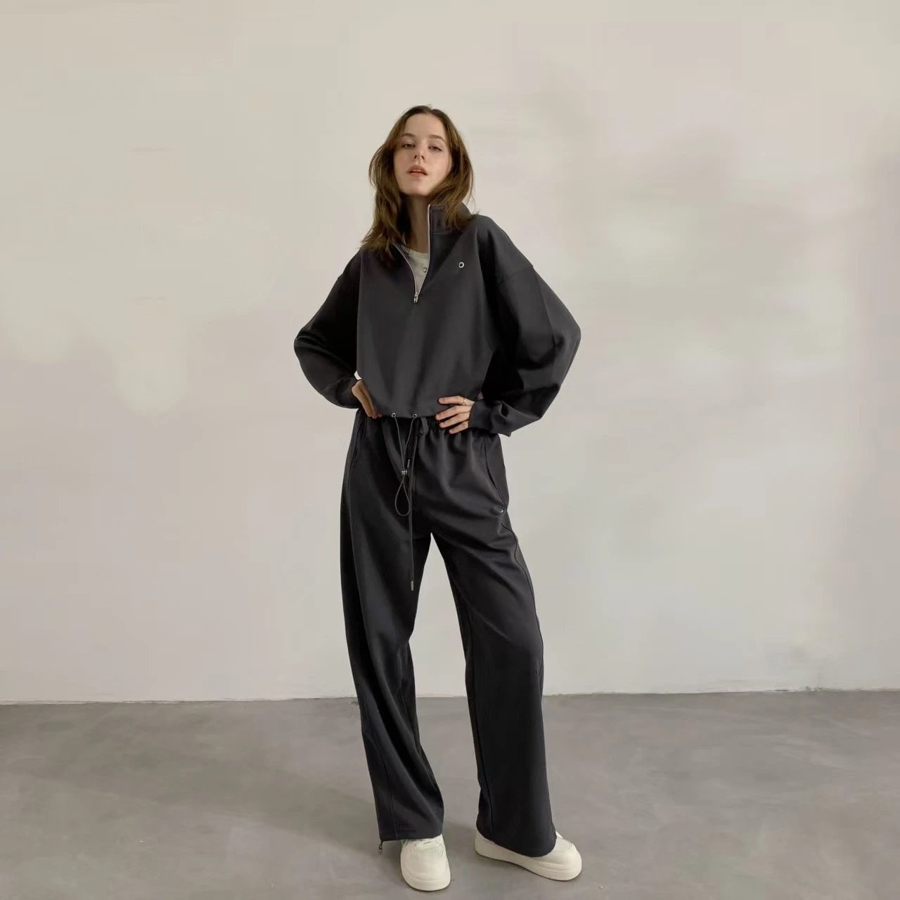 Design Half-Zip Pullover Top and Wide-Leg Sweatpants Set Black - 8