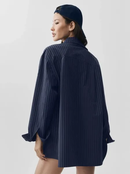 Alo Pinstripe Oversized Shirt Navy with Matching Bra and Shorts Set - 2