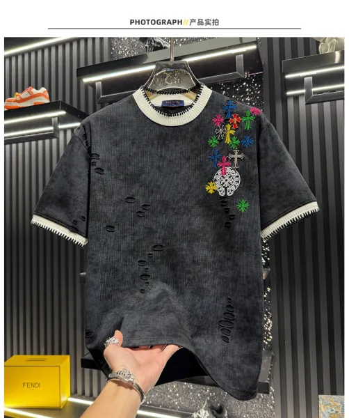 Design Bailysa Embroidered Distressed Corduroy T-Shirt Black T-Shirts - 7