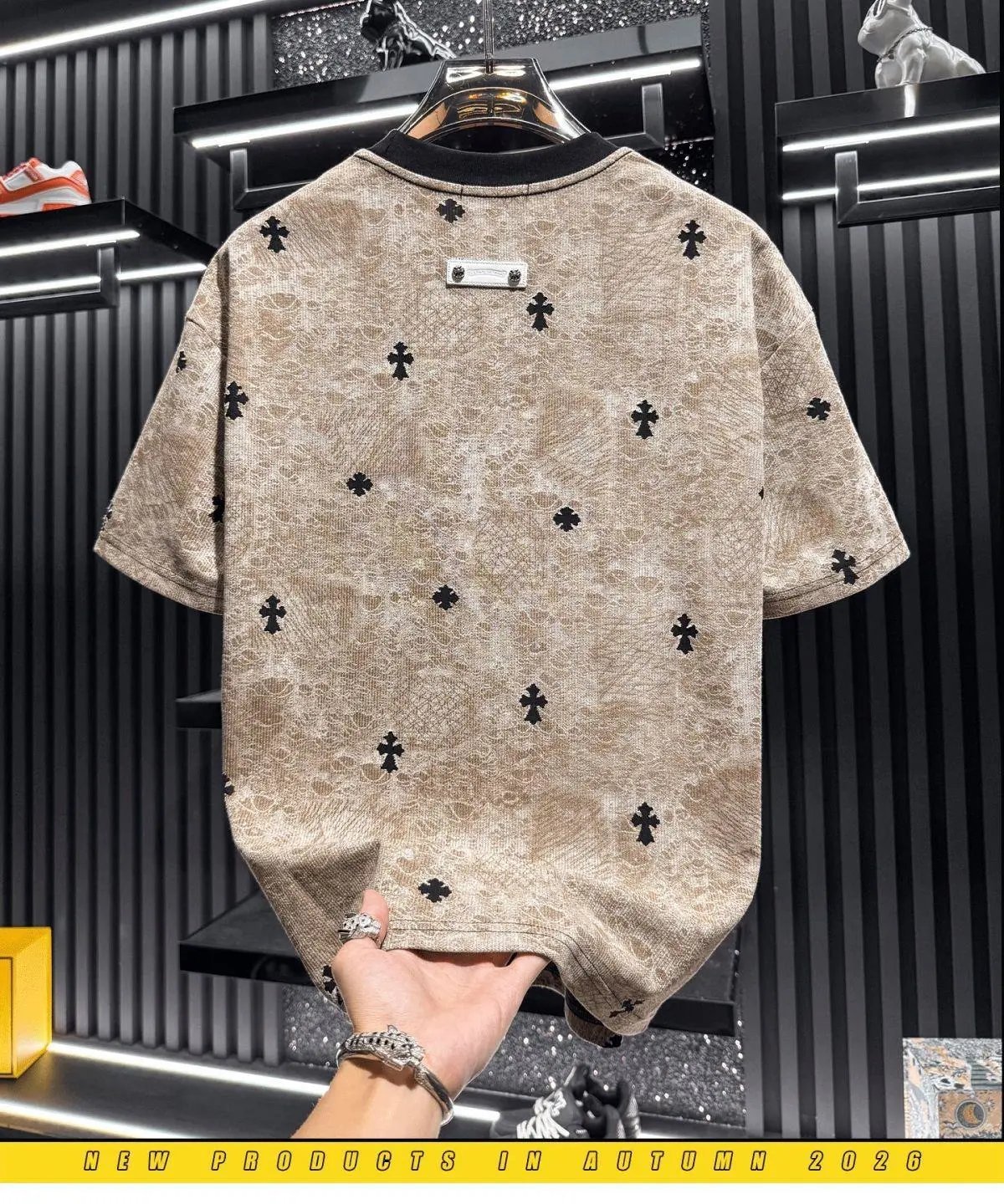 Design Lukashe Cross-Print Textured Beige T-Shirt T-Shirts - 8