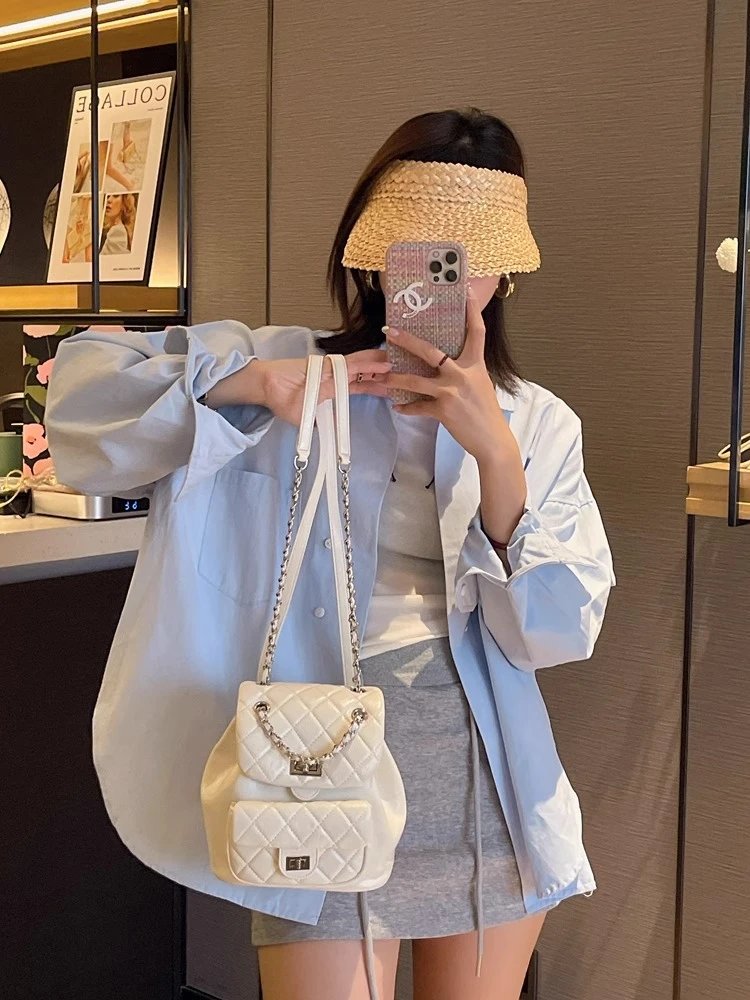 Chanel Mini Backpack Silver Quilted Lambskin with Chain Strap - 7
