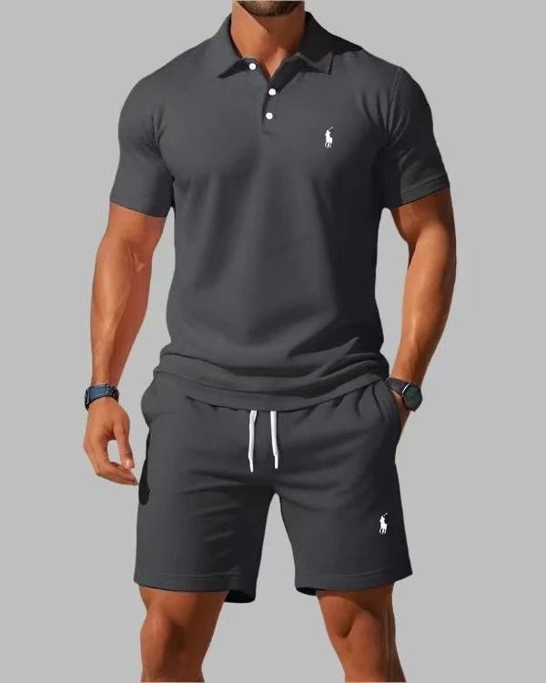 Design Black Slim Fit Polo Shirt and Drawstring Shorts Set - 7
