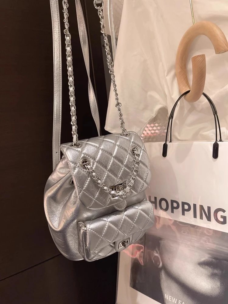 Chanel Mini Backpack Silver Quilted Lambskin with Chain Strap - 9