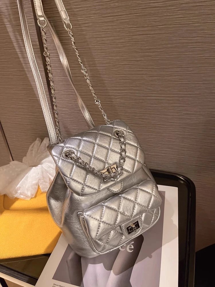 Chanel Mini Backpack Silver Quilted Lambskin with Chain Strap - 11