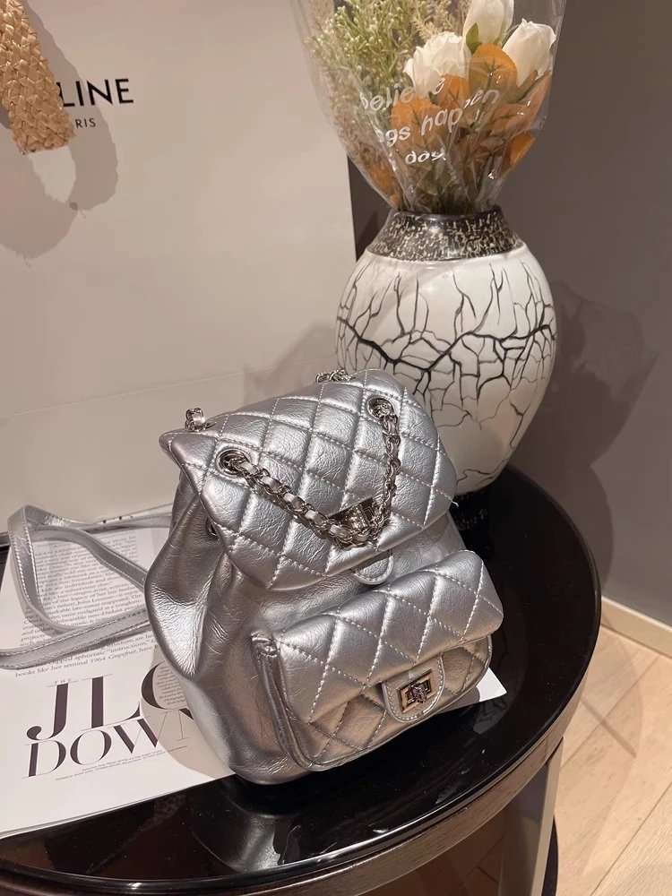 Chanel Mini Backpack Silver Quilted Lambskin with Chain Strap - 12