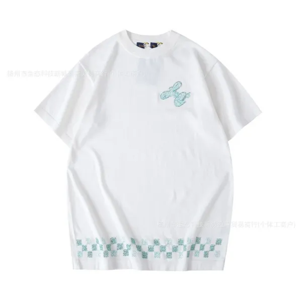 Design Embroidered Checkerboard Hem T-Shirt White - 1