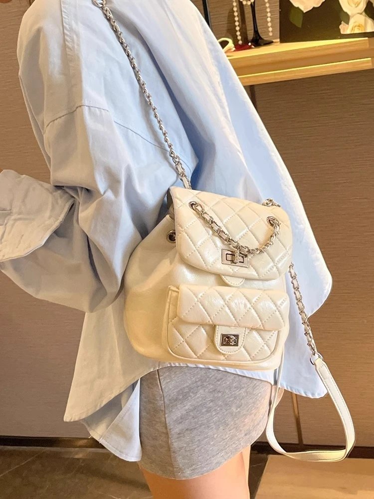 Chanel Mini Backpack Silver Quilted Lambskin with Chain Strap - 8