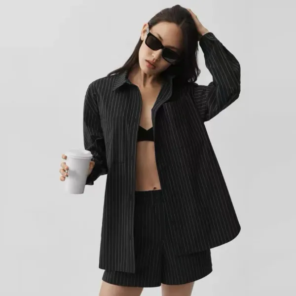 Alo Pinstripe Oversized Shirt Navy with Matching Bra and Shorts Set - 8