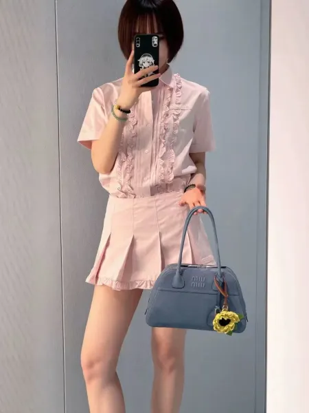 Design Ruffled Front Short Sleeve Shirt Pink - 2
