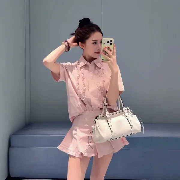 Design Ruffled Front Short Sleeve Shirt Pink - 5
