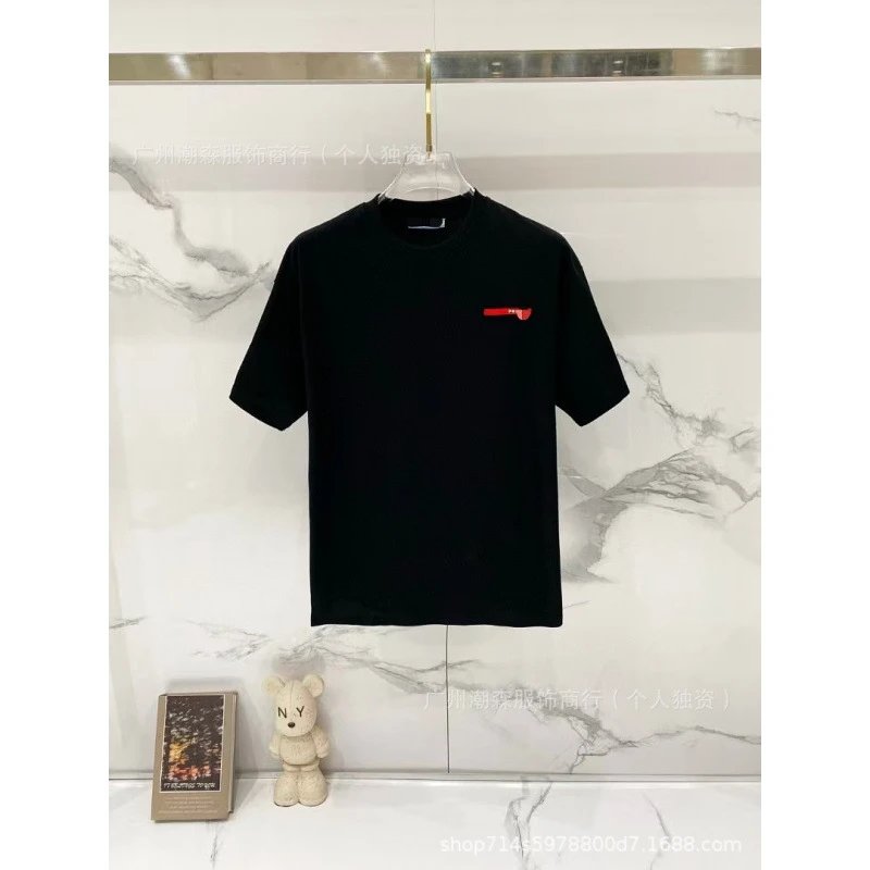 Design Minimalist Black T-Shirt with Red Logo Patch - 1